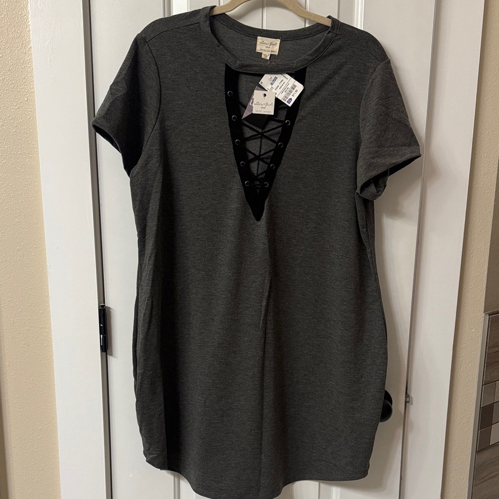 Ultra Flirt Charcoal Lace-Up Short Sleeve Top